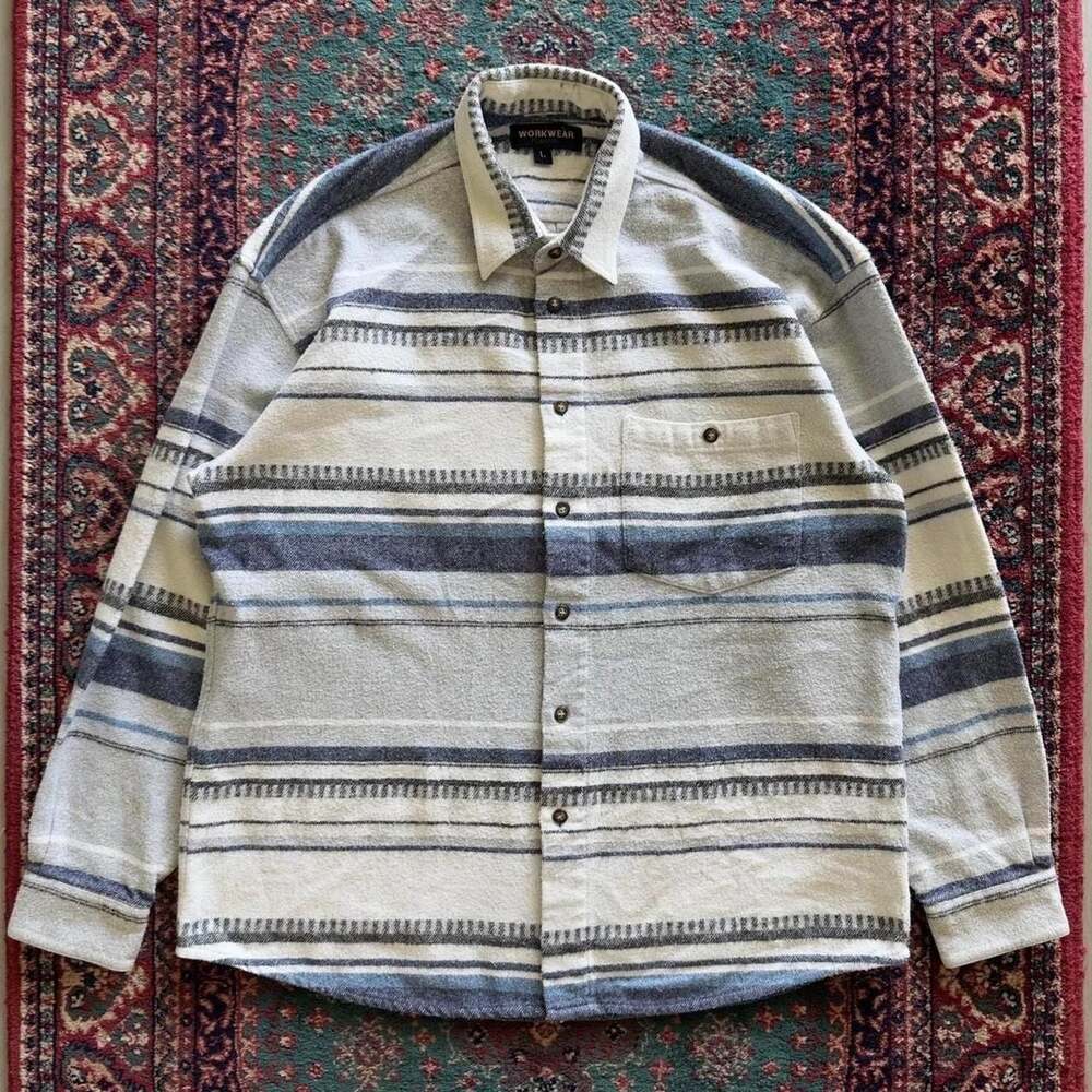 Workwear Flannel Striped Long Sleeve Button Down Shirt Size L